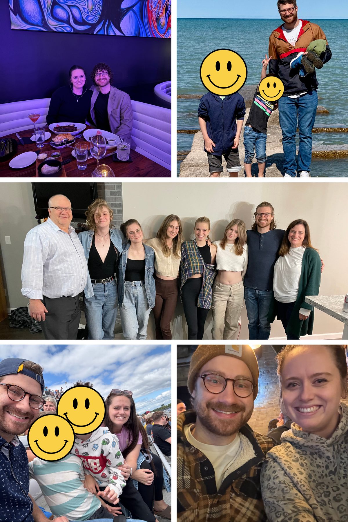 Collage of family moments: dinners out, lake days, and everyone together