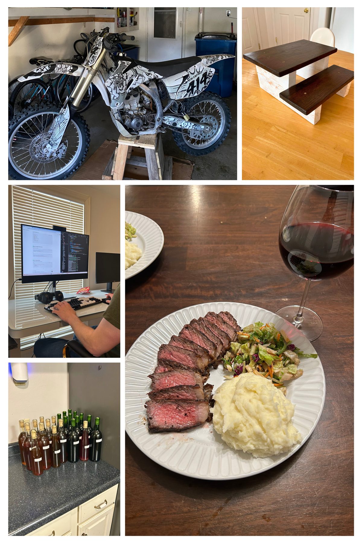 Collage: dirt bike project, woodworking, mechanical keyboard, homemade wine bottles, and a seared steak dinner