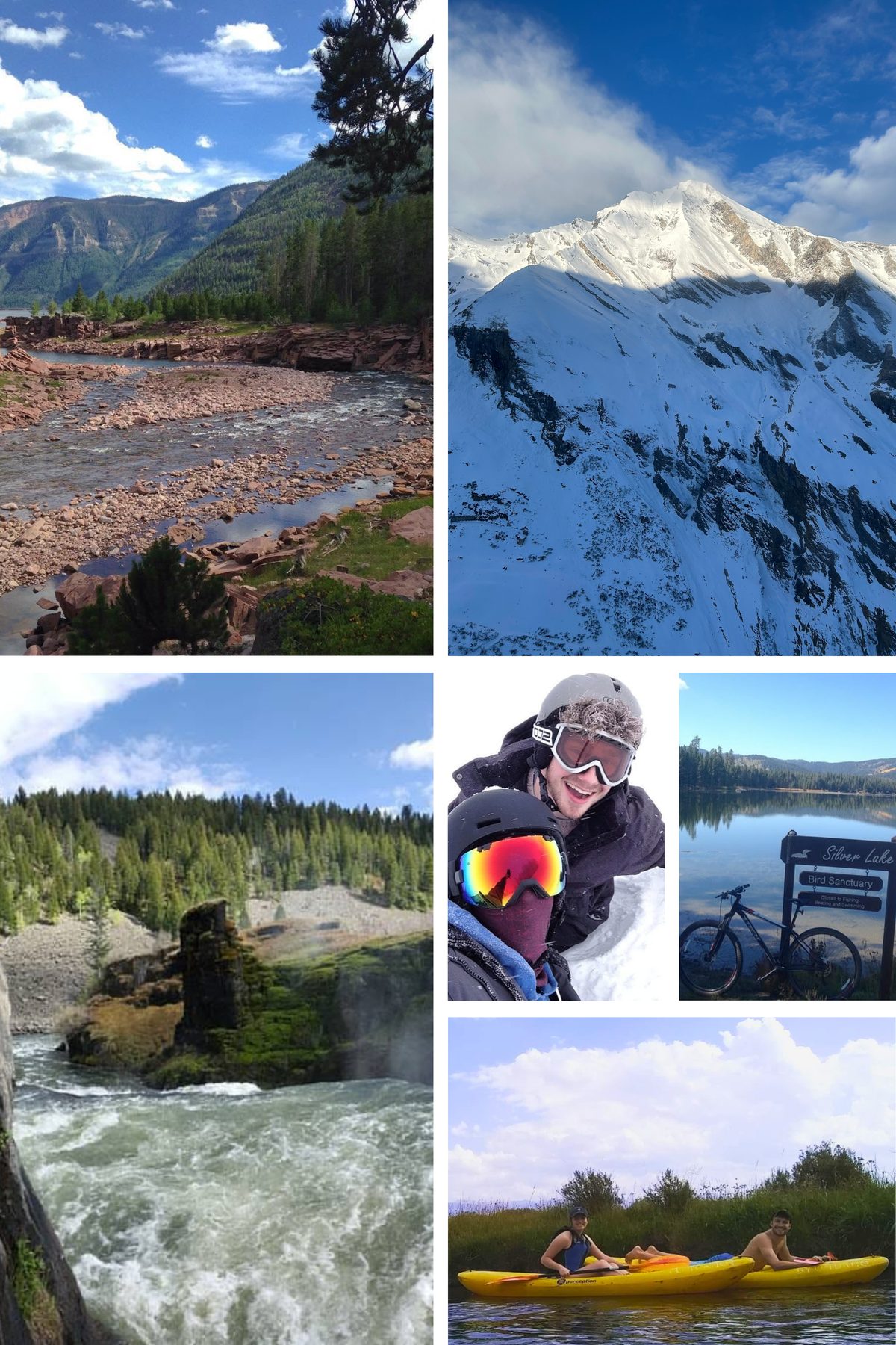 Collage: mountain rivers, snowy peaks, skiing, mountain biking, and kayaking